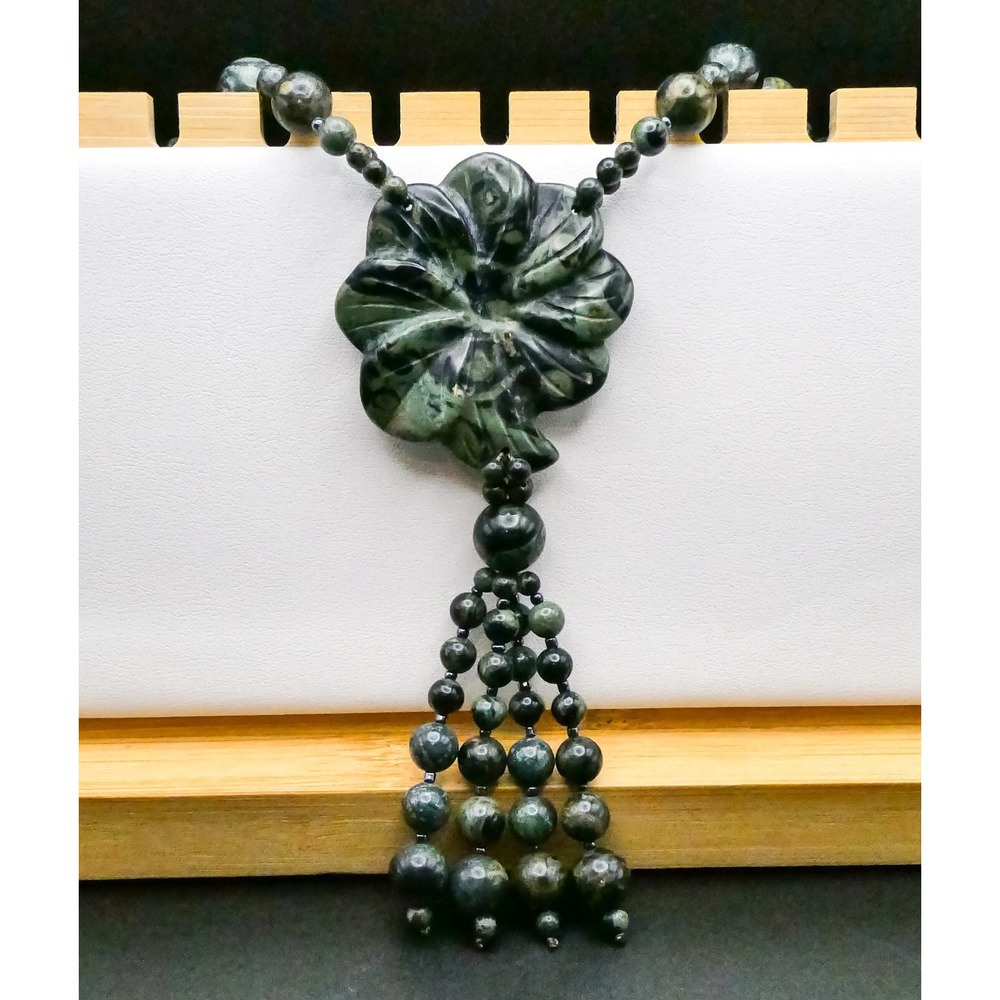 Green Jasper Carved Flower Y-drop Tassle Beaded Stackable 24" Necklace